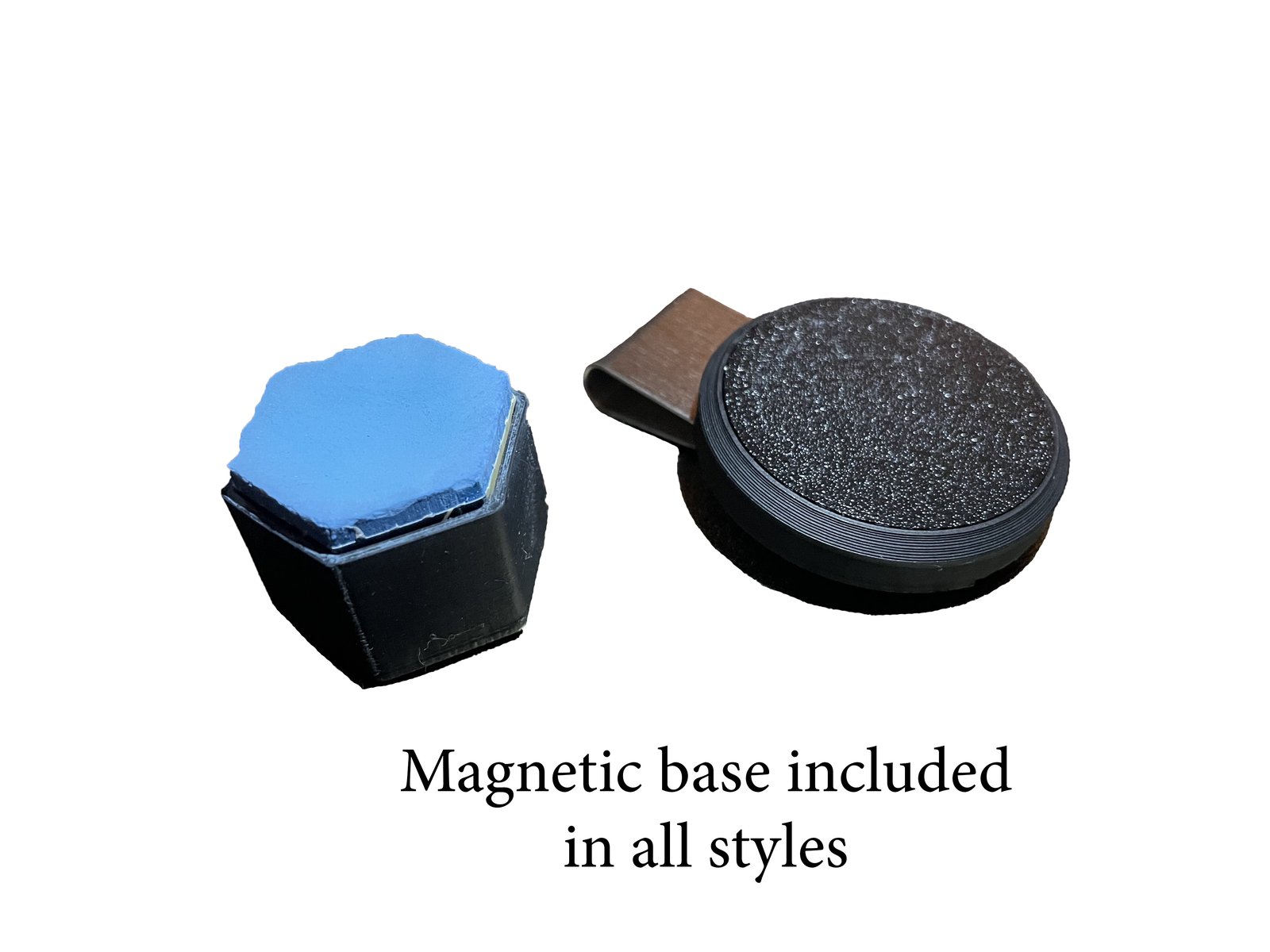 Chalk holder cup with chalk next to the plain black magnetic clip base